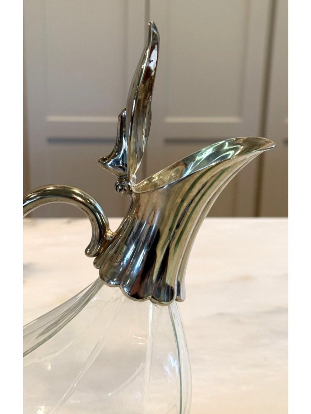 Vintage Glass Pitcher Silver Plate Swan Duck Ewer Decanter - Picture 6 of 7